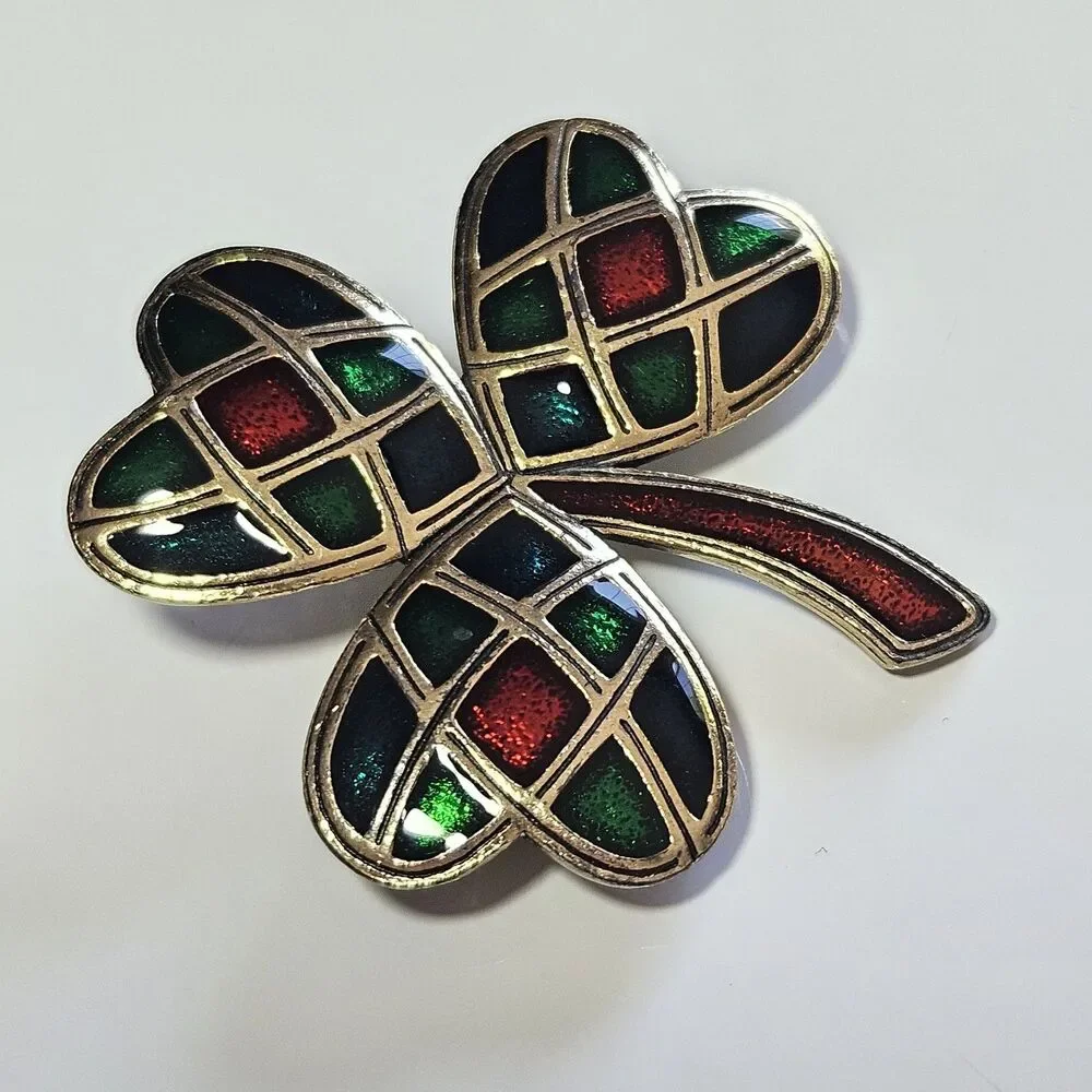 Vintage Sol D'or Heart Shamrock Red Green Blue Enameled Celtic Brooch Pendant
